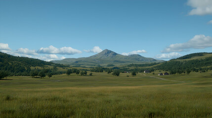 Mountain valley landscape, clear sky, farmhouses, idyllic scenery, travel