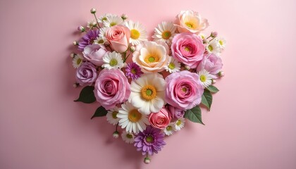 Heart shape made of roses, daisy flowers on pastel pink background. Valentine day floral design. Love symbol bouquet for Mothers Day greeting card. Wedding, anniversary celebration flatlay,