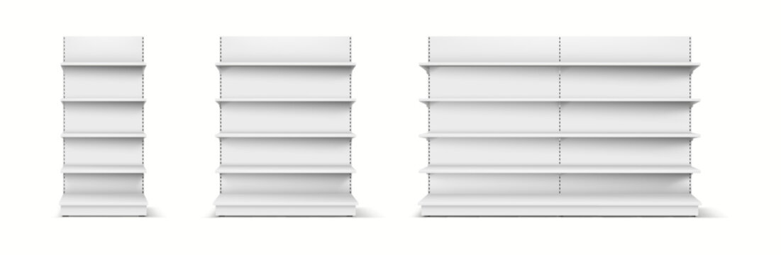 3D realistic supermarket shelf mockup displayed with multiple perspectives for a complete product presentation.