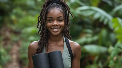 Smiling Woman with Yoga Mat in Lush Tropical Forest