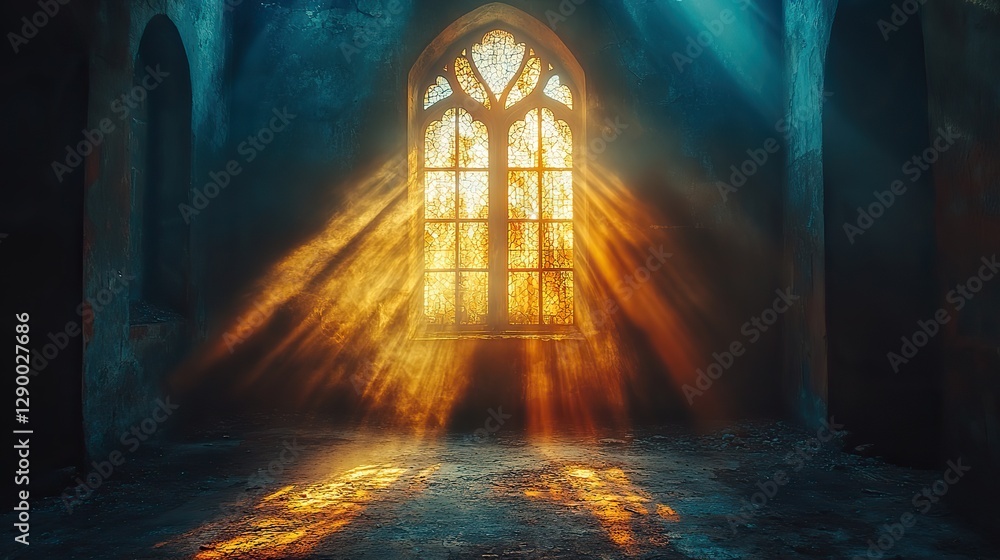 Aufkleber cross shaped window in a dark room with rays of light coming through the window