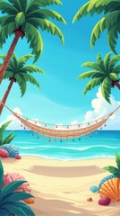 Fototapeta premium Idyllic Beach Setting Illustration with Hammock, Palm Trees, and Colorful Seashells on Sunny Day