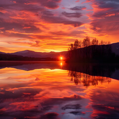 Fototapeta premium Sunset Serenity: Mesmerizing Reflection of Sunset Over Tranquil Lake Framed By Distant Silhouettes