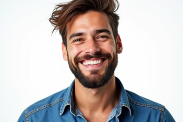 Obraz premium Cheerful Young Adult Male with Brown Hair and Beard Wearing Denim Shirt, Smiling Brightly Against a Light Background