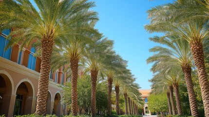 Palm tree lined pathway leads to building.