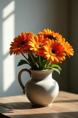Fototapeta premium Sunlit Orange Gerbera Daisies in a Simple Ceramic Pitcher on a Wooden Table