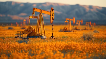 Oil pumps in a field of wildflowers at sunset