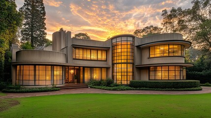 Obraz premium Modern Architecture Home Exterior At Dusk With An Expansive Lawn And Warm Interior Lights.