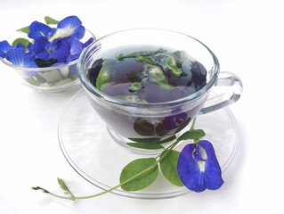 Boiled butterfly pea flower water in a glass on white background. Healthy herbal drink 
