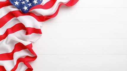 Fototapeta premium American flag draped on white wood, copy space