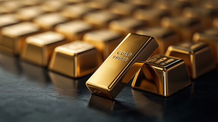 Close-Up View of Gleaming Gold Bars Reflecting Light, Showcasing Wealth and Luxury in a Stockpile of Precious Metal Ingots for Financial Themes