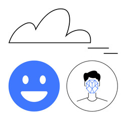 Blue happy face, simplified person with facial recognition grid, and cloud icon emphasize tech innovation. Ideal for AI development, cybersecurity, data analysis, cloud storage, IoT, emotion