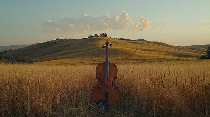 Serene Sunset Symphony: Cello in Tuscan Wheat Field