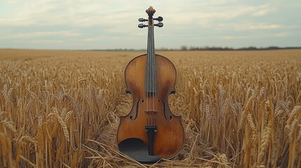 Violin in a Golden Wheat Field: A Serene Countryside Scene