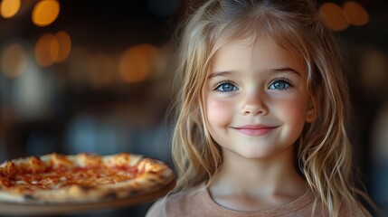 Naklejka premium cute little girl eating pizza in a restaurant happy childhood