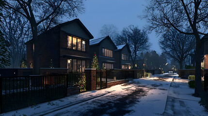 Snowy Suburban Street at Night with Illuminated Houses and Christmas Decorations