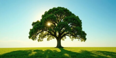 Fototapeta premium Majestic Oak Tree in a Verdant Meadow Bathed in Golden Sunlight, a Symbol of Nature's Tranquility and Resilience
