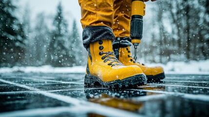 Winter Work: A Close-Up of Yellow Boots and Drill on Snowy Surface