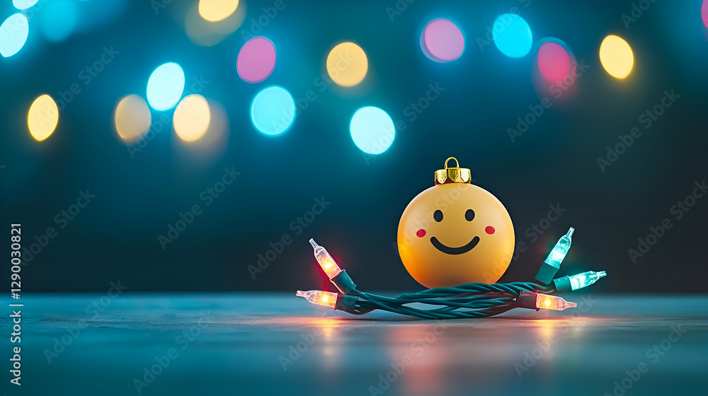 Poster smiling yellow christmas ornament with string lights and bokeh