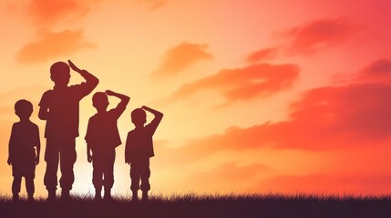 Silhouette of Children Saluting Against Vibrant Sunset Sky with Colorful Clouds