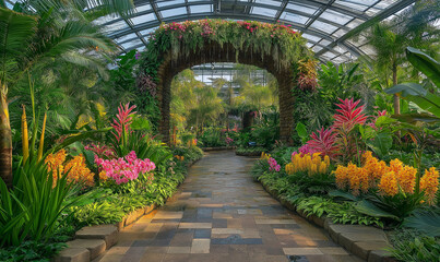 Vibrant lush tropical flower garden bursting with exotic blooms, creating an oasis of natural beauty