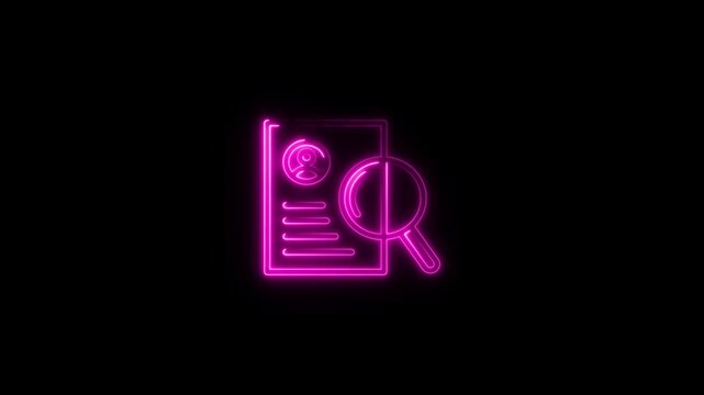 Neon document search icon. Glowing neon document with search icon. Zoom with document icon neon animation.