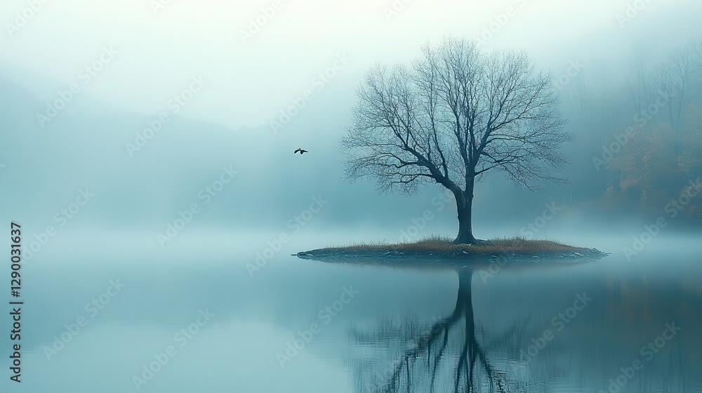 Poster dead tree in foggy morning with a bird flying above the lake reflection in the still water