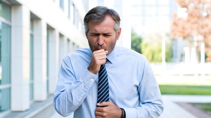 Fototapeta premium Professional Business Person in Light Blue Dress Shirt and Striped Tie, Outdoors, Holding Hand to Chest and Near Mouth
