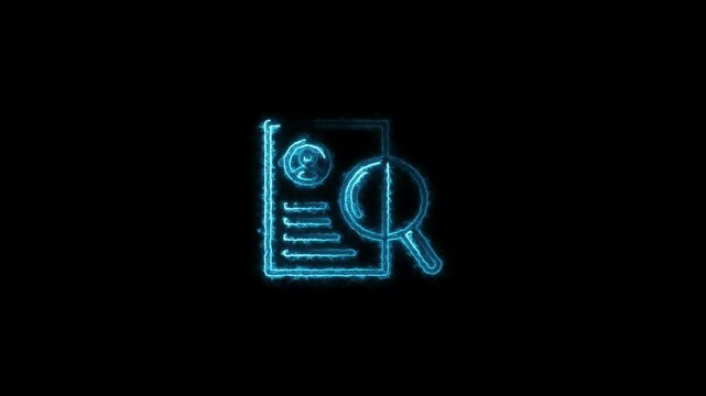Neon document search icon. Glowing neon document with search icon. Zoom with document icon neon animation.