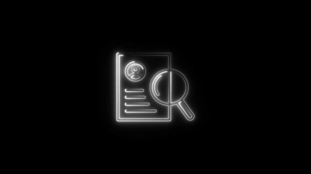 Neon document search icon. Glowing neon document with search icon. Zoom with document icon neon animation.