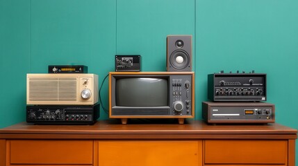 Fototapeta premium Vintage Audio Equipment Arrangement on Retro Styled Wooden Furniture