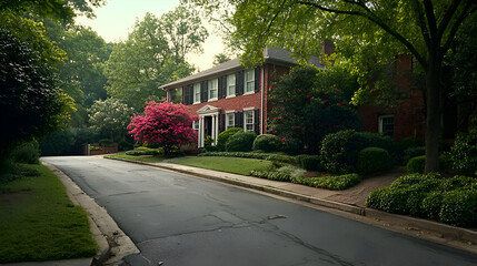 Fototapeta premium Brick House on Tree Lined Street with Pink Flowers