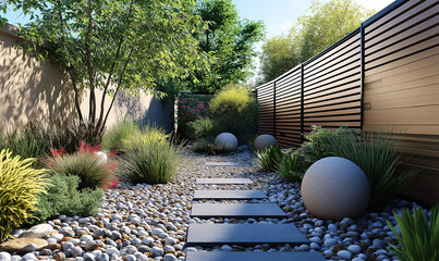 Sleek minimalistic modern fence set within a zen-inspired garden exuding peaceful, balanced contemporary design elegance