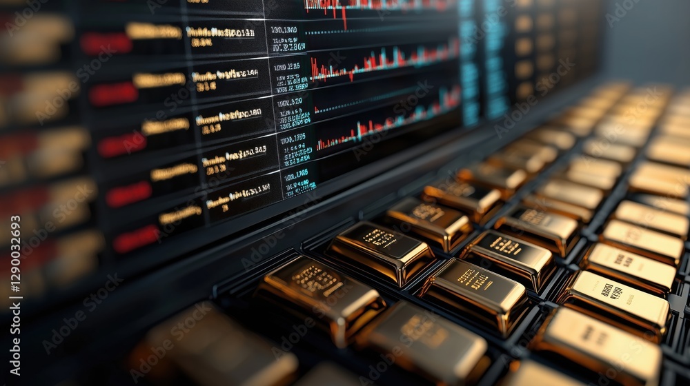 Poster close-up view of gold bars on trading screen with financial data and stock market graphs displayed o