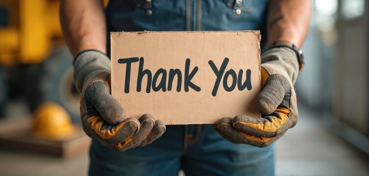 Caucasian worker hands in dirty gloves hold cardboard Thank Sign on blurred industrial background. Appreciation, gratitude for labor, acknowledgment of manual worker on construction site, building