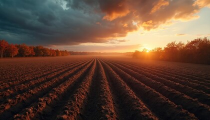 Plowed field with dramatic sky at golden sunset in autumn. Tree line. Rural scenic farmland landscape. Brown earth texture. Harvest time in countryside. Sunlight evening warm glow. Agriculture