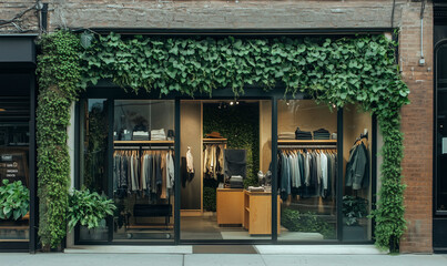 Innovative sustainable fashion store front showcasing eco-friendly design, modern retail aesthetics, and green brand identity