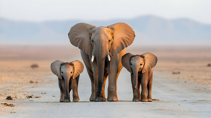 Elephant family walking on savanna road at sunset