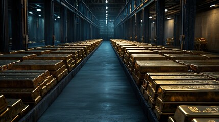 A Majestic View of an Abandoned Gold Bullion Storage Facility Filled with Gleaming Gold Bars Under Soft Ambient Lighting