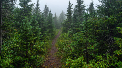 A dense pine forest with young, green spruce trees and thick foliage in the foreground, generative AI