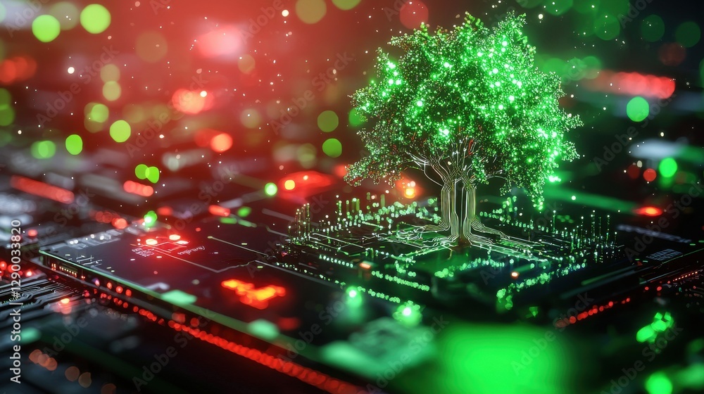 Poster futuristic digital tree with glowing leaves growing from a computer circuit board chip eco friendly 