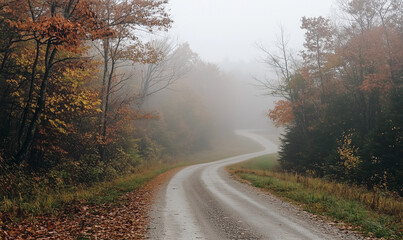 Fototapeta premium Mysterious foggy country road vanishing into the mist, evoking a sense of surreal, ethereal adventure