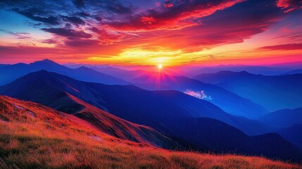 Vibrant Sunset Behind Mountain Range