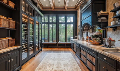 A spacious walk-in pantry with open shelving and organized kitchen essentials.