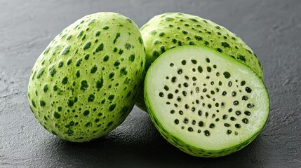 Kiwano melons sliced on dark background, food photography