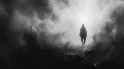 digital painting of man silhouette walking in the fog monochrome digital painting in black and white