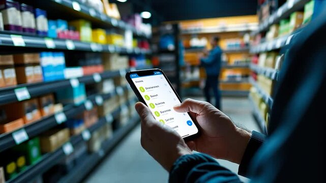 Person using smartphone in grocery store aisle, checking shopping list