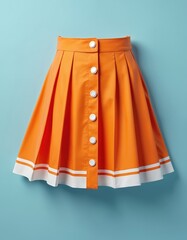 Orange pleated skirt with white trim, buttons on blue background. Stylish vibrant apparel with button-down design. Fashionable garment for spring, summer. Trendy feminine casual attire. Studio shot.