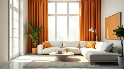 Modern Living Room Interior Design with Orange Accents and Sunlight Streaming Through Large Windows