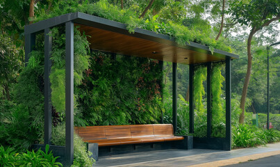 A bus stop surrounded by lush greenery, offering a peaceful escape amidst urban life.